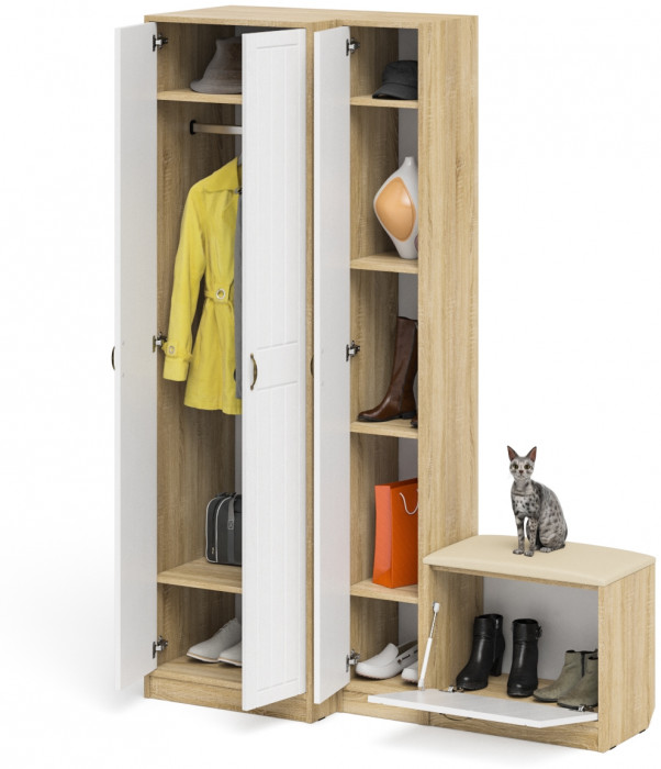 Прихожая П-6 Компоновка № 25, дуб сонома/фасады МДФ белое дерево фрезеровка прованс