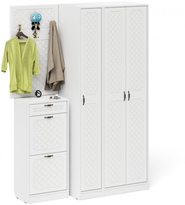 Прихожая П-6 Компоновка № 50, цвет белая шагрень/фасады МДФ белое дерево фрезеровка ромб, ШхГхВ 150х50х210 см., универсальная сборка