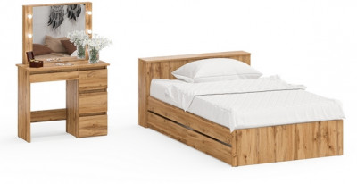 Ксения Кровать с ящиками 1200 + Стол косметический с подсветкой Сура, дуб вотан
