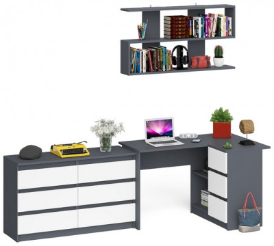 Мори компьютерный стол МС-16 правый + Комод МК1200.6 + Полка 1200, графит/белый