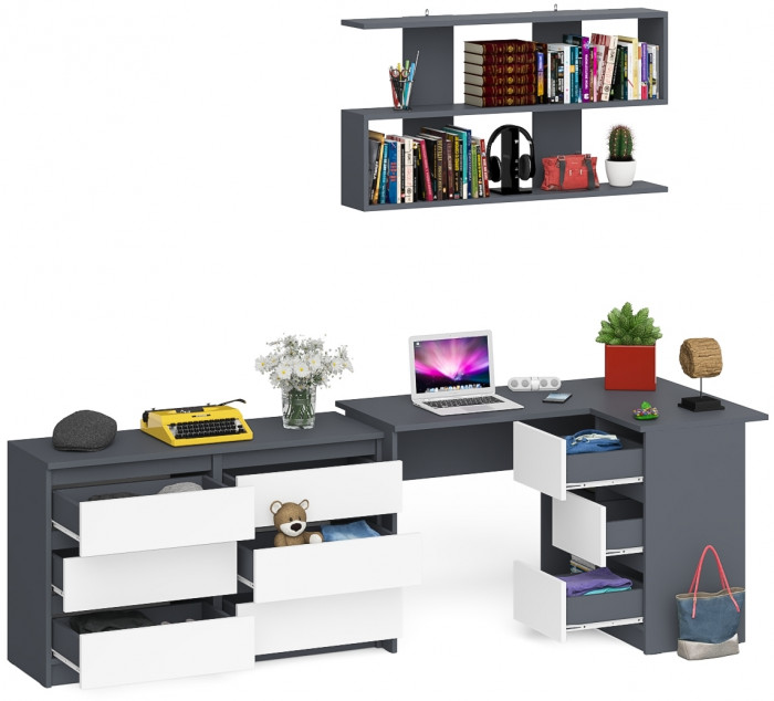 Мори компьютерный стол МС-16 правый + Комод МК1200.6 + Полка 1200, графит/белый