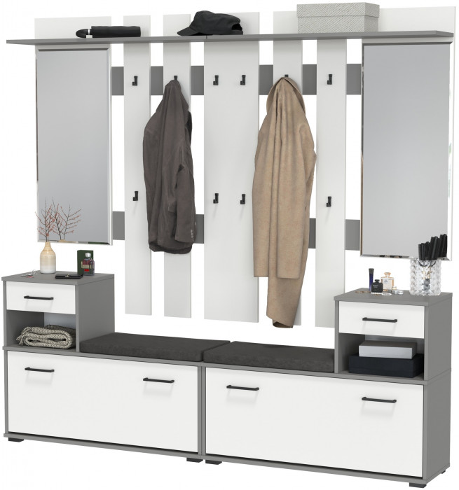 Лира ГК Прихожая 2 Два х Тумба под обувь + Два х Вешалка с зеркалом, цвет графит/белый, ШхГхВ 200х33х185 см., универсальная сборка
