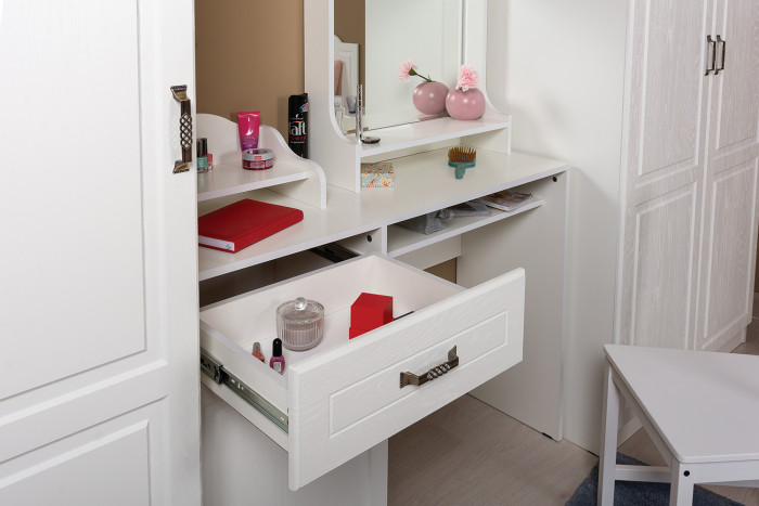 Ливерпуль Стол туалетный 12.46 + Полка 10.118, цвет ясень ваниль/белый, ШхГхВ 119,8х41,3х152,3 см., НЕ универсальная сборка