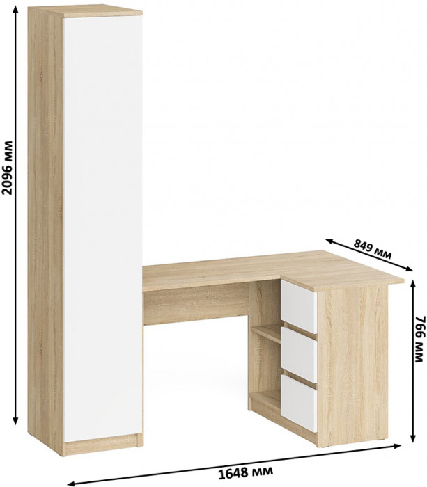 Мори Стол компьютерный МС-16 правый + Пенал МШ400.1, цвет дуб сонома/белый, ШхГхВ 164,8х84,9х209,6 см., выдвижные ящики справа, НЕ универс. сборка