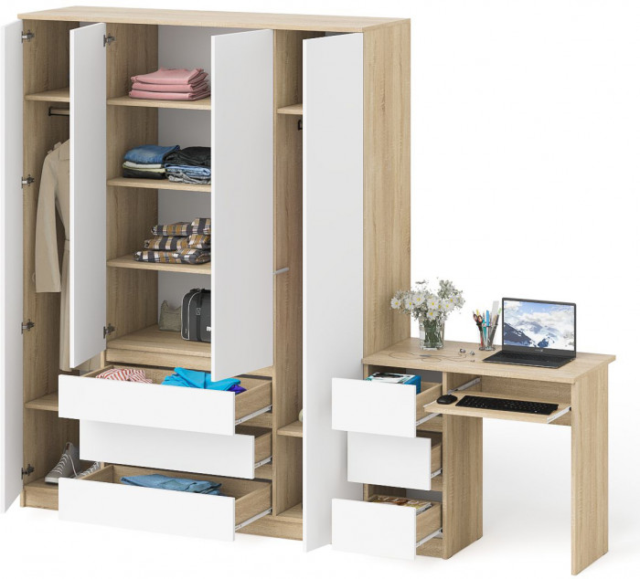 Мори Стол компьютерный МС-6 левый + Шкаф МШ1600.1, цвет дуб сонома/белый, ШхГхВ 250,4х50,4х209,6 см., выдвижные ящики слева, НЕ универсальная сборка