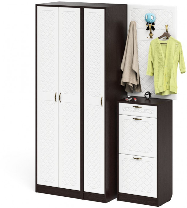 Прихожая П-6 Компоновка № 50, венге/фасады МДФ белое дерево фрезеровка ромб