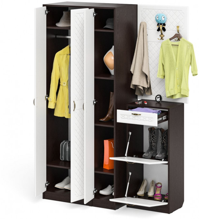 Прихожая П-6 Компоновка № 50, венге/фасады МДФ белое дерево фрезеровка ромб