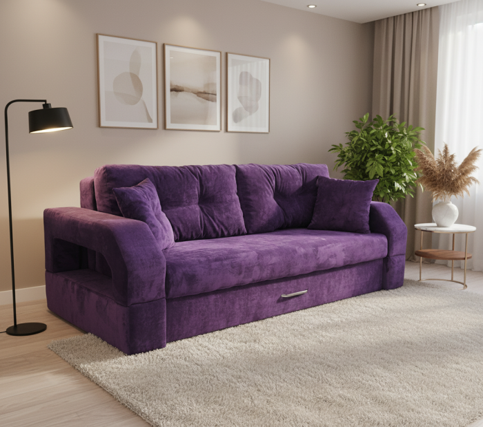 Диван-еврокнижка Манчестер, пружинный блок, 150х195, подсветка, велюр фиолетовый