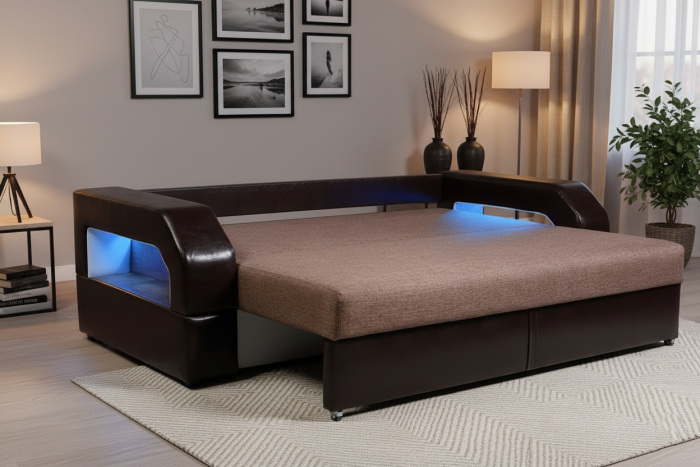 Диван-еврокнижка Манчестер 160х200, с подсветкой, велюр/экокожа коричневая