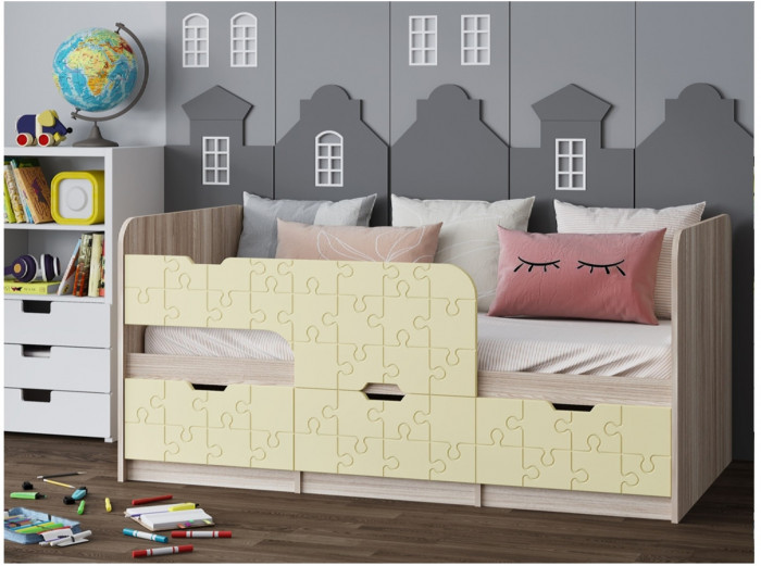 Детская кровать Юниор-9, 80х160 (Ваниль глянец, Ясень шимо светлый)