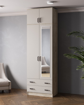 Шкаф 0,8 Лагуна с антресолью и зеркалом, Дуб крафт серый/Кашемир