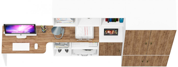 Лидер-8 Стол + Полка + Тумба МД 3.15 + Шкаф МД 19Б, цвет белый шагрень/крафт золото, ШхГхВ 285х50/37,5х75/190 или 115х200/50х75/190 см., НЕ ун. сб.