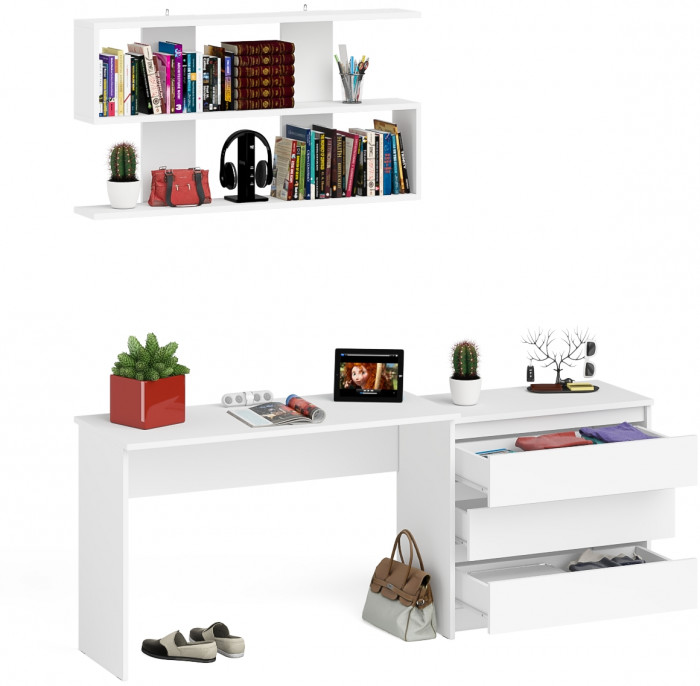 Мори Стол письменный МСП1200.1 + Комод МК800.1 + Полка 1200, цвет белый, ШхГхВ 200,8х50х209,6 см., универсальная сборка