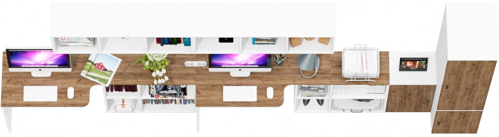 Лидер-8 Стол + Полка + Стол + Полка + Пенал МД 23Б + Тумба МД 3.15, белый шагрень/крафт золото