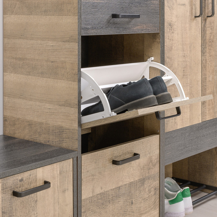 Трувор 15.120 Прихожая + 13.241.06 Тумба для обуви, цвет дуб гранж песочный/интра, ШхГхВ 130х37х194,2 см., универсальная сборка