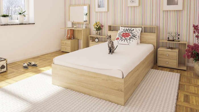 Камелия спальня № 6 Кровать 1200 + Две тумбы + Стол косметический + Зеркало, цвет дуб сонома, сп.м. 1200х2000 мм., б/м, основание есть