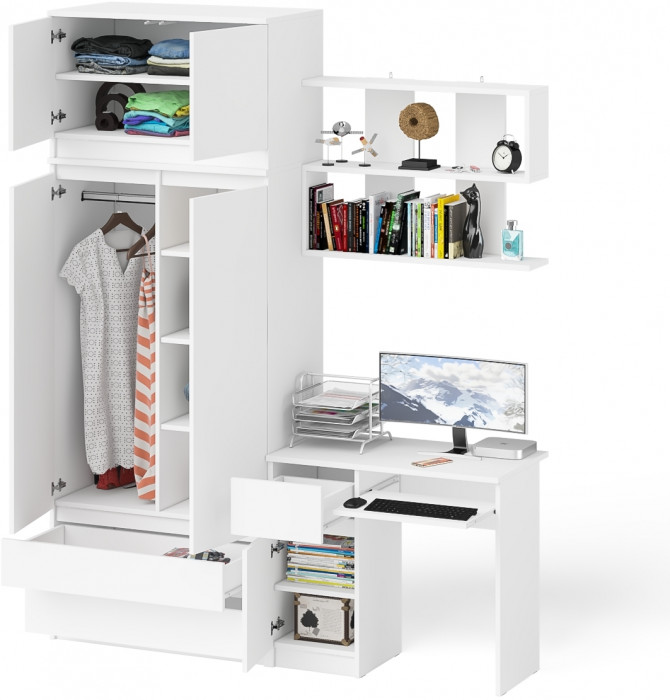 Мори Стол компьютерный МС-1 левый + Шкаф МШ900.1 + Антресоль МА900.1 + Полка 900, цвет белый, ШхГхВ 180,4х50,4х234,2 см., НЕ универс. сборка