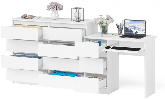Мори Стол компьютерный МС-6 левый + Комод МК1200.8, цвет белый, ШхГхВ 210,4х50х94 см., выдвижные ящики слева, НЕ универсальная сборка