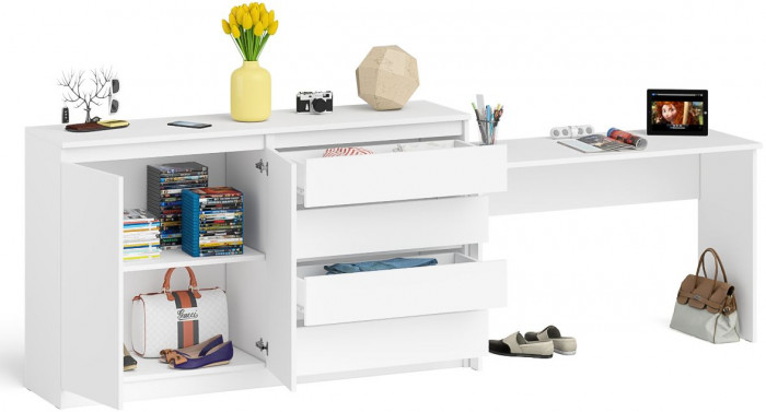 Мори Стол письменный МСП1200.1 + Комод МК1600.1, цвет белый, ШхГхВ 280,8х50х94 см., универсальная сборка
