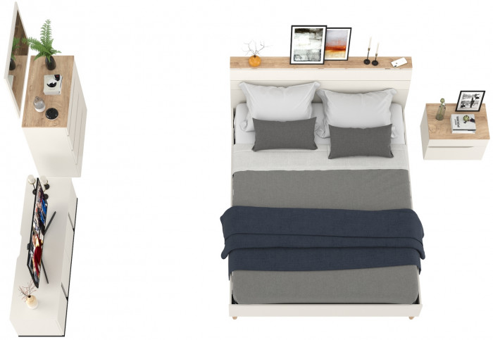 Муссон Кровать 11.41 + ортопед + 16.03 + 13.97 + Зеркало СВК + Тумба ТВ 13.276, цвет белый/чёрный/дуб эндгрейн элегантный, сп. м. 1600х2000 мм., б/м