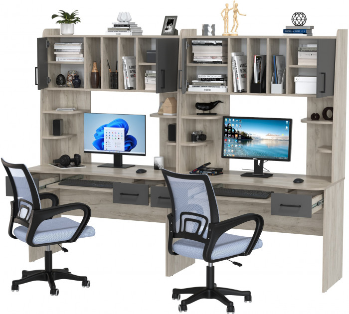 Два стола рабочих 6-0604 Бета + два кресла 103 серых, цвет дуб крафт серый/графит, ШхГхВ 240х60,5х183,5 см.