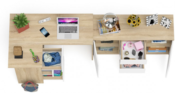 Мори компьютерный стол МС-16 левый + Комод МК1200.3, дуб сонома/белый