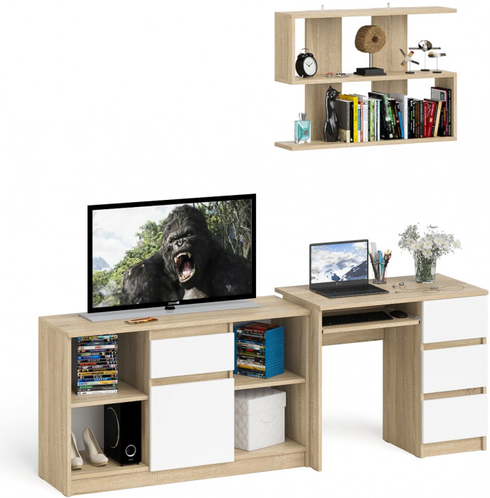 Мори компьютерный стол МС-6 правый + Тумба МТВ1204.1 + Полка 900, дуб сонома/белый