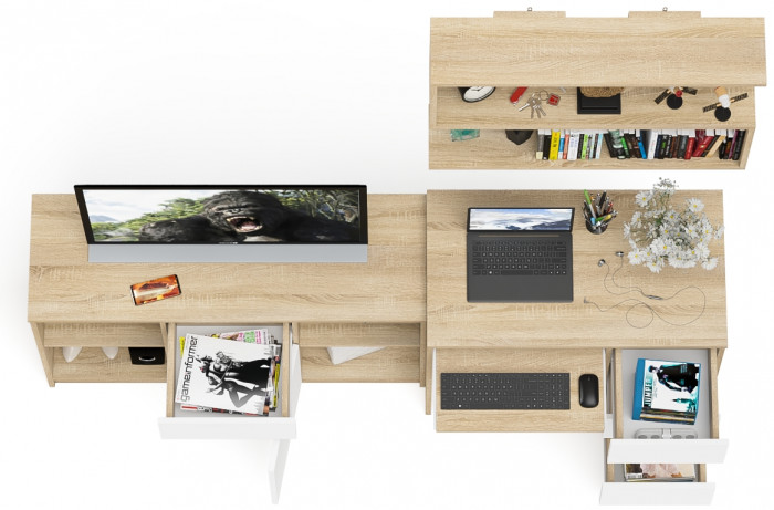 Мори компьютерный стол МС-6 правый + Тумба МТВ1204.1 + Полка 900, дуб сонома/белый