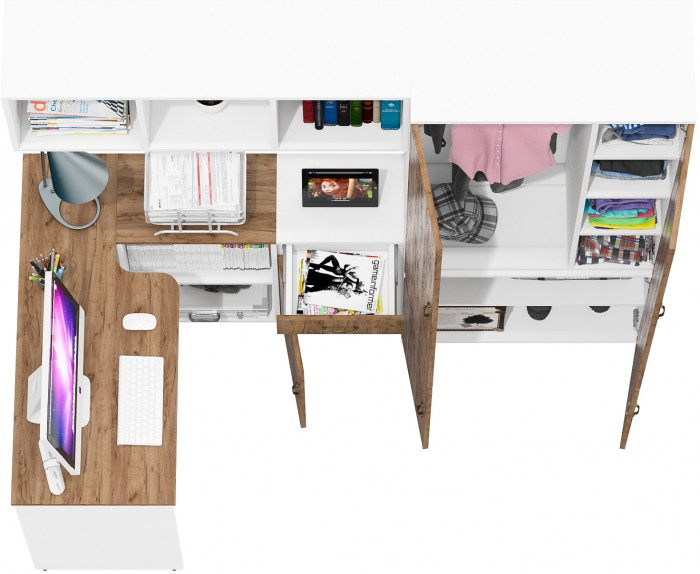 Лидер-8 Стол + Полка + Тумба МД 3.15 + Шкаф МД 20Б, цвет белый шагрень/крафт золото, ШхГхВ 285х50/37,5х75/190 или 115х200/50х75/190 см., НЕ ун. сб.