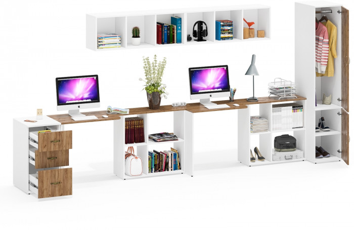 Лидер-8 Стол + Полка + Стол + Полка + Пенал МД 23Б + Тумба МД 3.16, белый шагрень/крафт золото