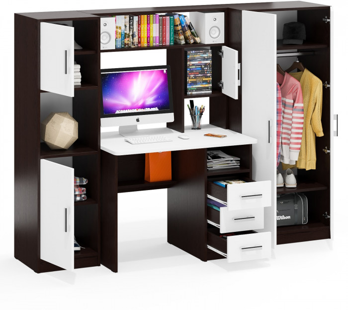 Стол компьютерный С-МД-СК9+Пенал С-МД-СК9П+Шкаф С-МД-СК9Ш, цвет венге/белый шагрень, ШхГхВ 215х70х160 см., НЕ универсальная сборка