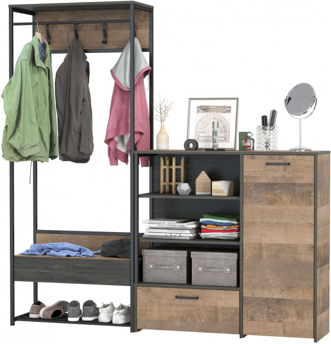 Трувор 15.120 Прихожая + 13.307.01 Комод, цвет дуб гранж песочный/интра, ШхГхВ 189х36,9х194,2 см., универсальная сборка