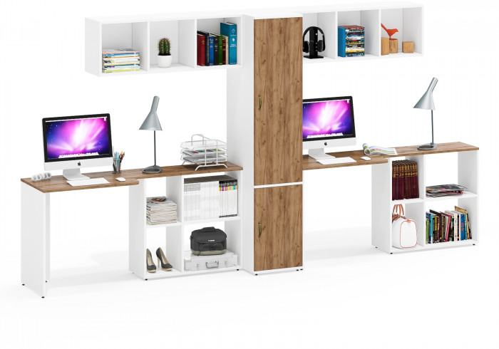 Лидер-8 Стол + Полка + Стол + Полка + Пенал МД 23Б, белый шагрень/крафт золото