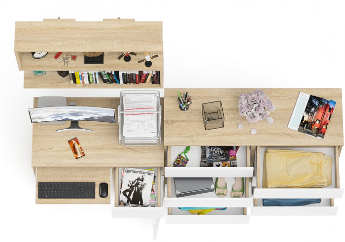 Мори компьютерный стол МС-1 правый + Комод МК1200.8 + Полка 900, дуб сонома/белый