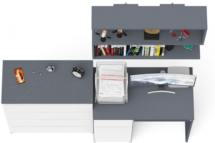 Мори Стол компьютерный МС-1 левый + Комод МК800.4 + Полка 900, цвет графит/белый, ШхГхВ 170,4х50х209,6 см., НЕ универсальная сборка