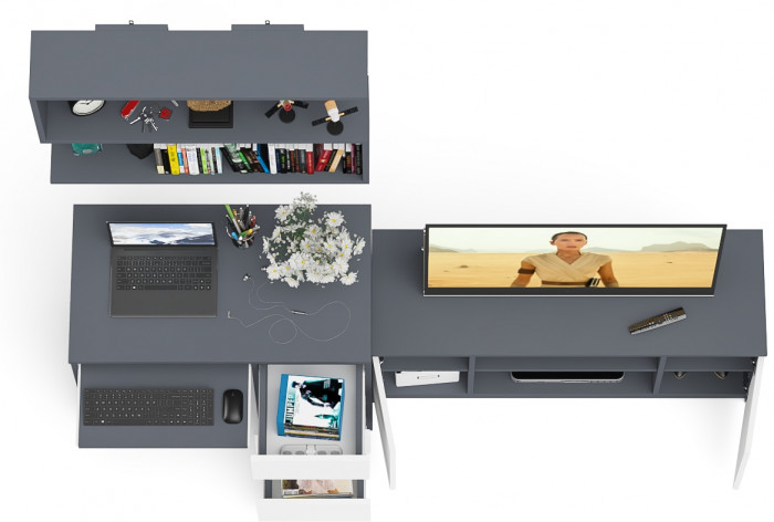 Мори Стол компьютерный МС-6 правый + Тумба МТВ1200.1 + Полка 900, цвет графит/белый, ШхГхВ 210,4х50х209,6 см., НЕ универсальная сборка