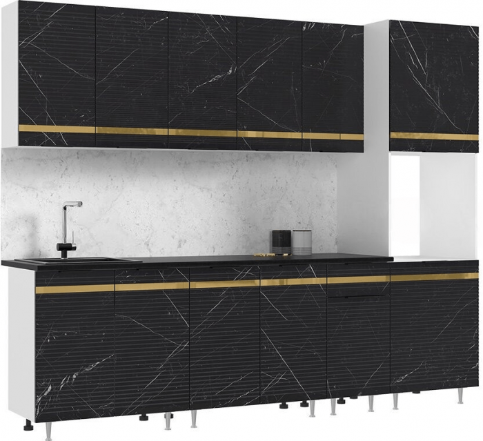 Кухня МДФ Милена 2600 (Белый, Мрамор блэк софт, Антарес)