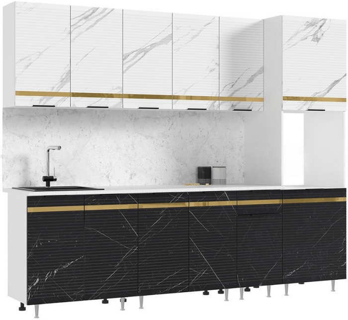 Кухня МДФ Милена 2600 (Белый, Мрамор блэк софт, Антарес)