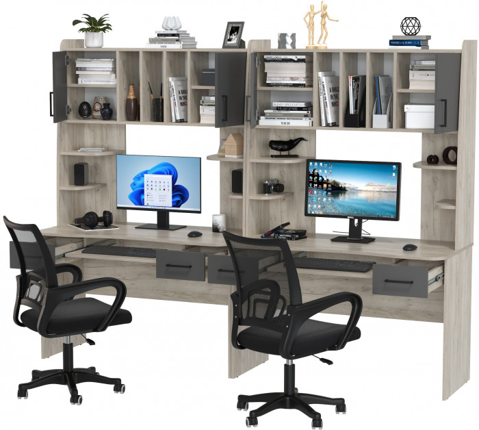 Два стола рабочих 6-0604 Бета + два кресла 103 чёрных, цвет дуб крафт серый/графит, ШхГхВ 240х60,5х183,5 см.