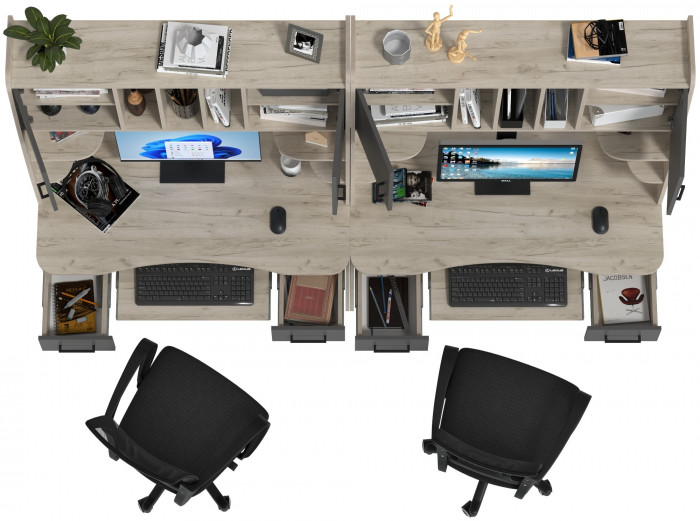 Два стола рабочих 6-0604 Бета + два кресла 103 чёрных, цвет дуб крафт серый/графит, ШхГхВ 240х60,5х183,5 см.