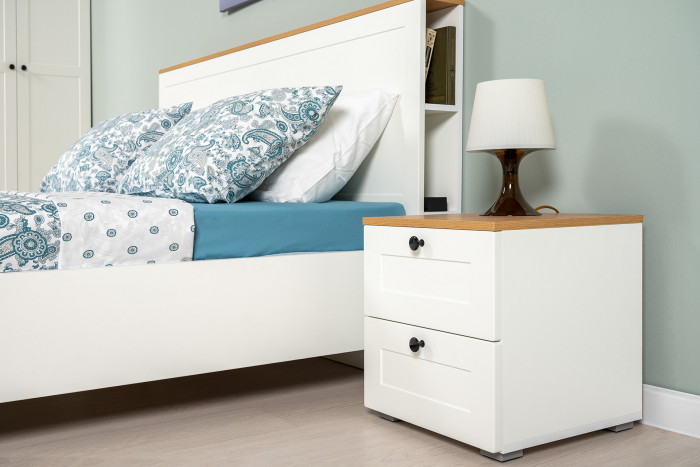 Остин 11.53 Кровать + ортопед + 13.225 Шкаф-пенал + 16.152 Тумба прикроватная, белый шагрень/дуб крафт золотой