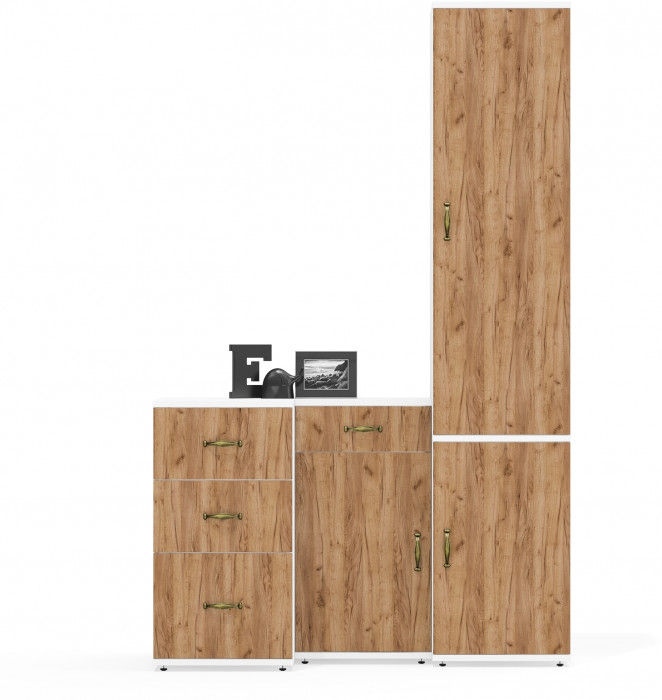 Лидер-8 Пенал МД 22Б + Тумба МД 3.15 + Тумба МД 3.16, цвет белый шагрень/крафт золото, ШхГхВ 120х50х190 см., универсальная сборка