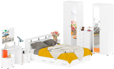 Камелия спальня № 10 Кровать с ящиками 1600 + Две тумбы + Стол косметич. + Зеркало + Комод + Шкаф, цвет белый, 1600х2000 мм., б/м, осн. есть