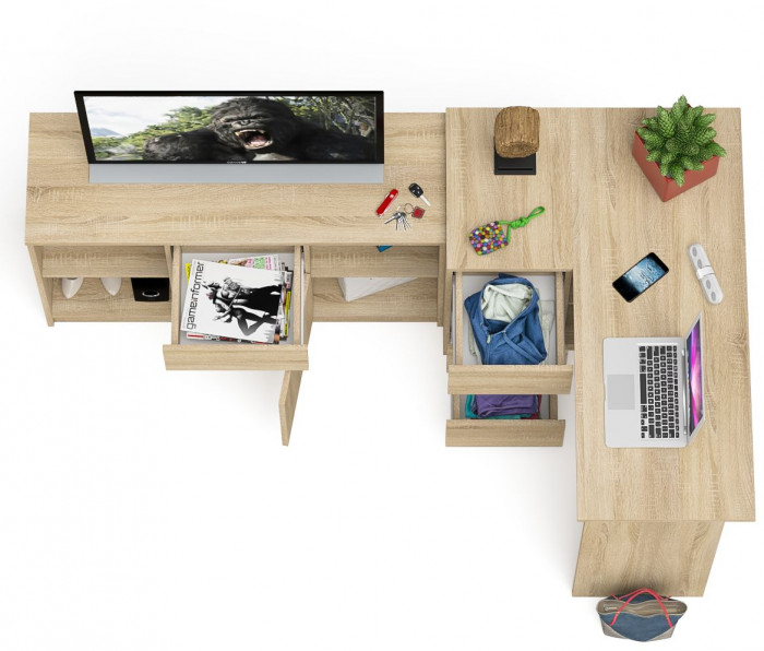 Мори Стол компьютерный МС-16 левый + Тумба МТВ1204.1, цвет дуб сонома, ШхГхВ 244,8х84,9х76,6 см., выдвижные ящики слева, НЕ универсальная сборка