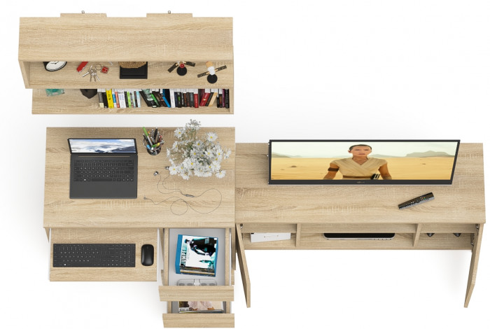 Мори Стол компьютерный МС-6 правый + Тумба МТВ1200.1 + Полка 900, цвет дуб сонома, ШхГхВ 210,4х50х209,6 см., НЕ универсальная сборка