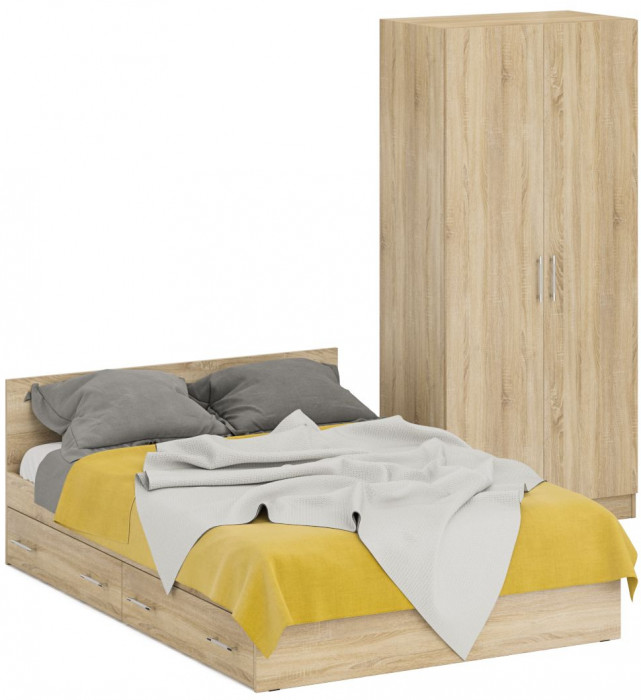 Кровать с ящиками 1400 + Шкаф 2-х створчатый Стандарт, дуб сонома