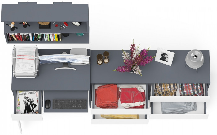 Мори компьютерный стол МС-1 левый + Комод МК1380.6 + Полка 900, графит/белый