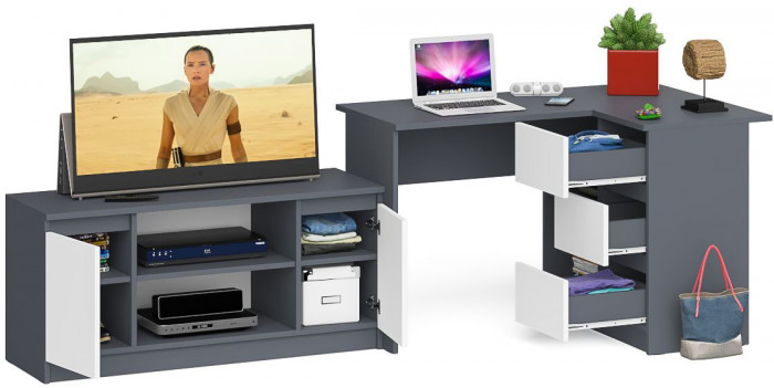 Мори компьютерный стол МС-16 правый + Тумба МТВ1200.1, графит/белый