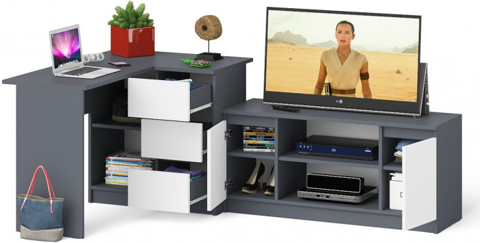 Мори компьютерный стол МС-16 правый + Тумба МТВ1200.1, графит/белый