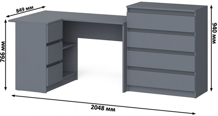 Мори Стол компьютерный МС-16 левый + Комод МК800.4, цвет графит, ШхГхВ 204,8х84,9х94 см., выдвижные ящики слева, НЕ универсальная сборка